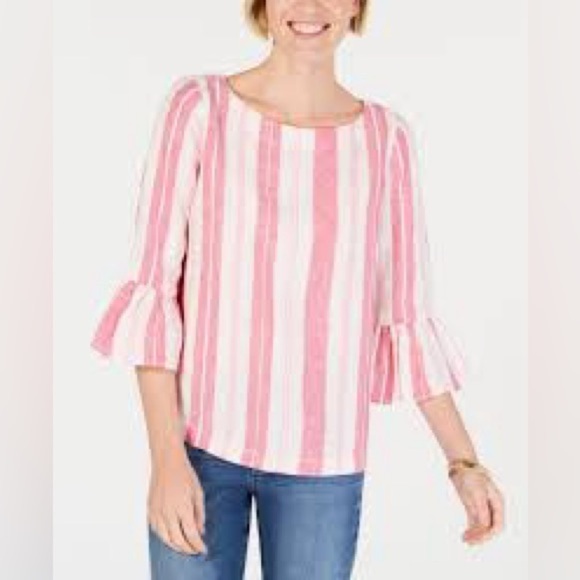 Charter Club pink striped linen blouse ruffle sleeves size 2X - Picture 2 of 6
